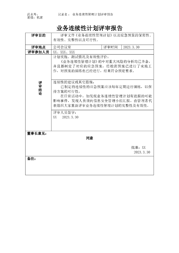IT业务连续性管理计划评审报告