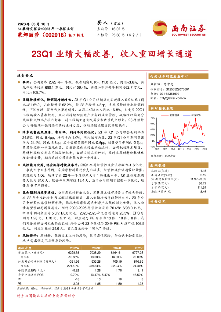 西南证券：蒙娜丽莎（002918）-23Q1业绩大幅改善，收入重回增长通道