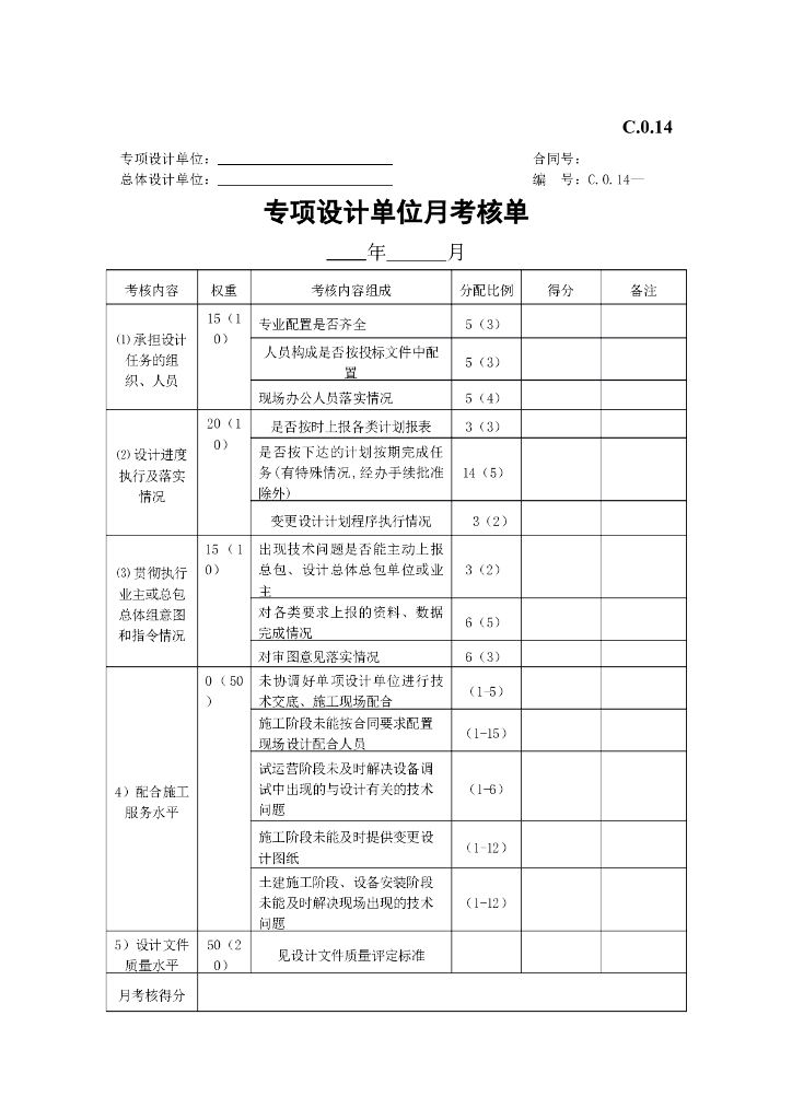 专项设计单位月考核单