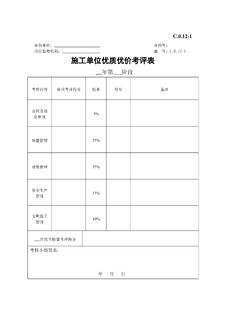 施工单位优质优价考评表（副）