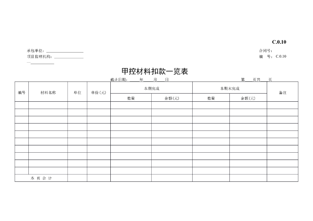 甲控材料扣款一览表