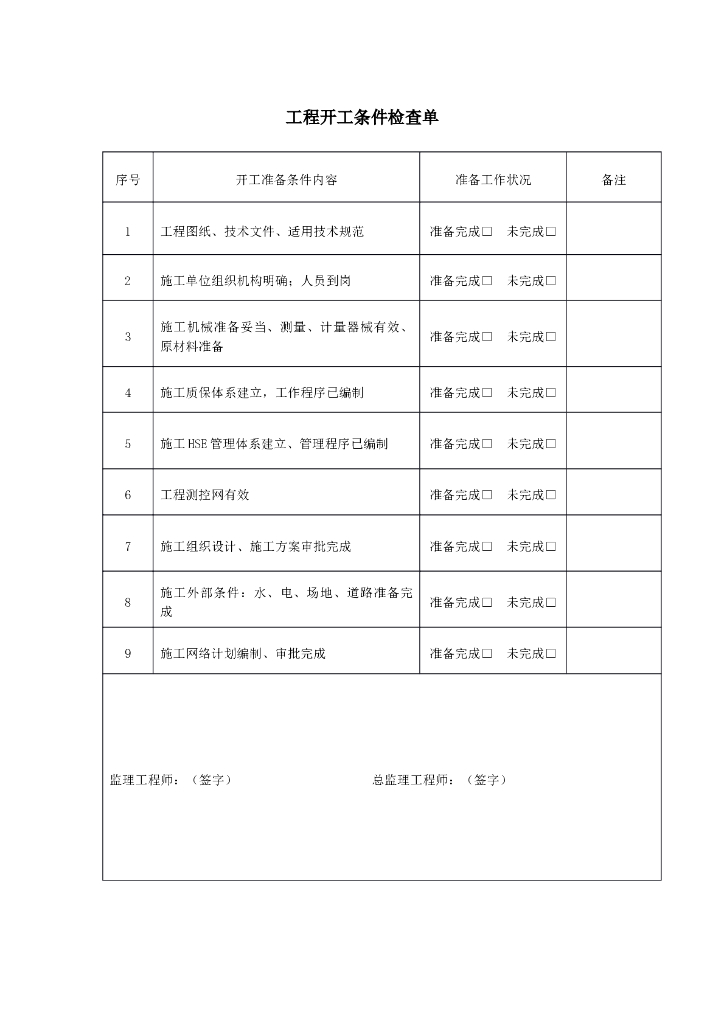 工程开工条件检查单