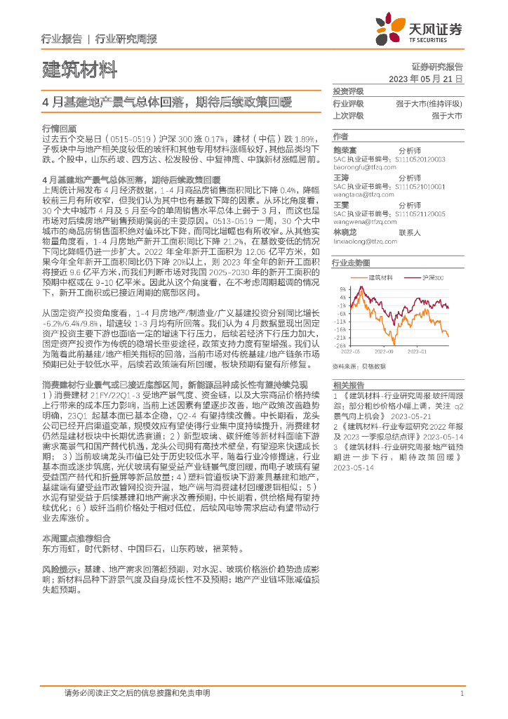 天风证券：建筑材料行业研究周报：4 月基建地产景气总体回落，期待后续政策回暖
