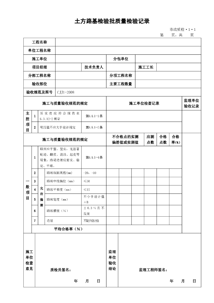 市政道路工程检验批质量检验记录表格全套