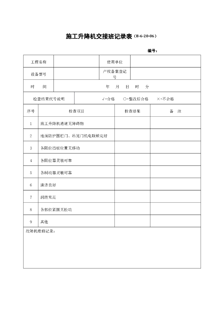 施工升降机交接班记录表