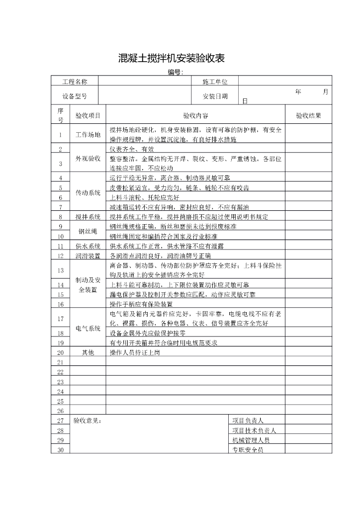 混凝土搅拌机安装验收表