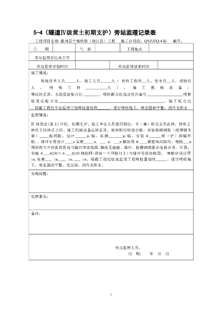 [旁站记录]（隧道Ⅳ级黄土初期支护）旁站监理记录表