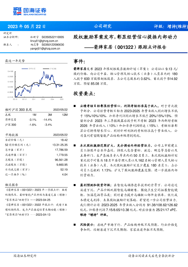 国海证券：箭牌家居（001322）-跟踪点评报告：股权激励草案发布，彰显经营信心提振内部动力