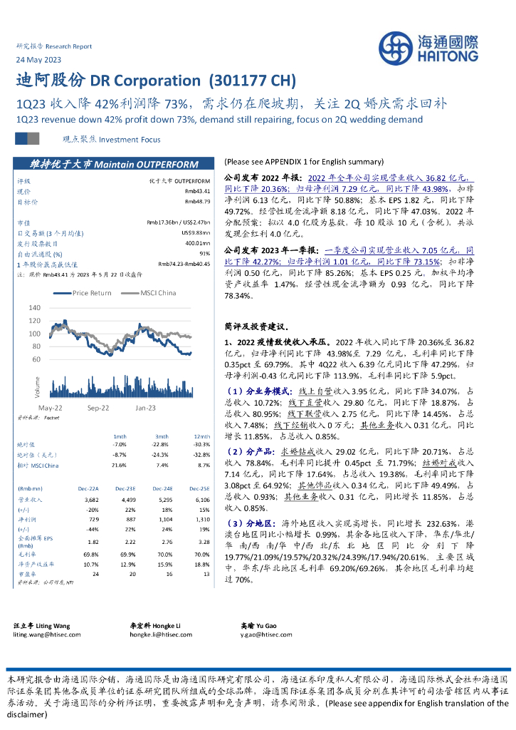 海通国际：迪阿股份（301177）-1Q23收入降42%利润降73%，需求仍在爬坡期，关注2Q婚庆需求回补