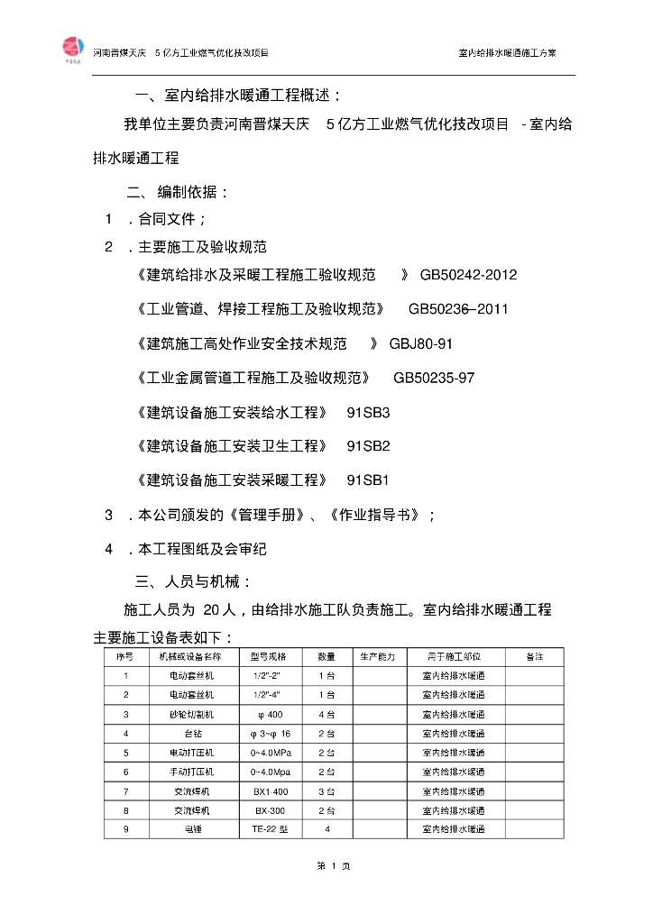 [河南]晋煤天庆室内给排水暖通施工方案（附详细图文）