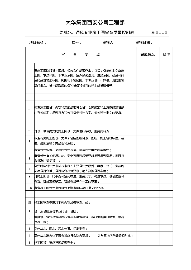 工程给排水、煤气、通风施工图审查质量控制表