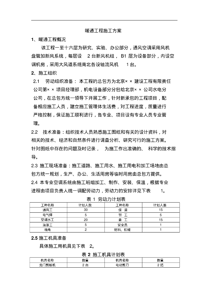 办公楼暖通工程施工组织设计方案