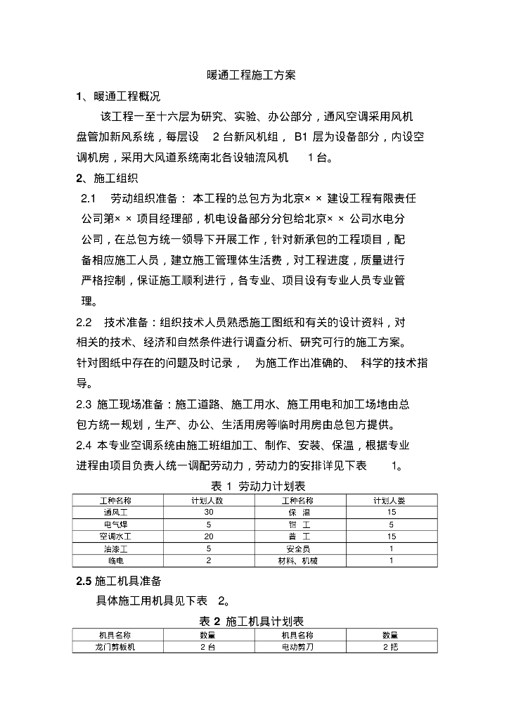 北京办公楼暖通工程施工组织设计方案