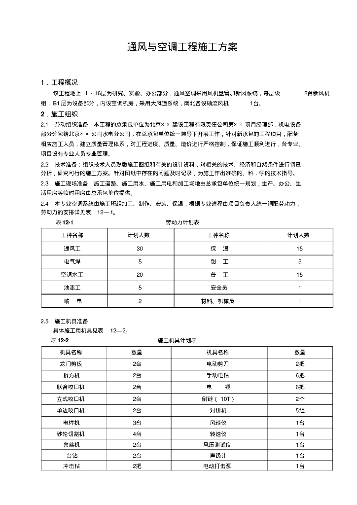 研究、实验、办公楼通风与空调工程施工方案