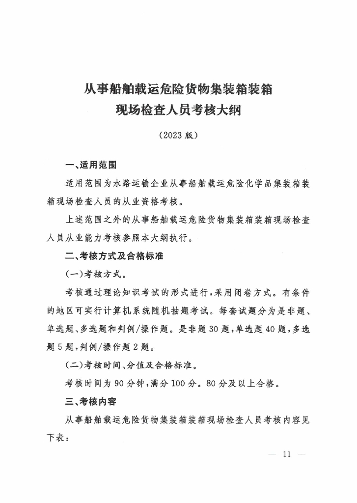 从事船舶载运危险货物集装箱装箱现场检查人员考核大纲（2023版）