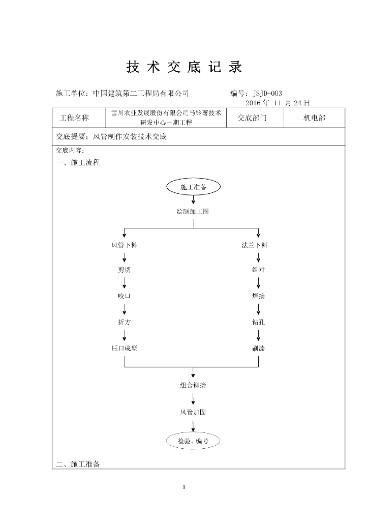 共板法兰、角钢法兰风管制作安装技术交底，附详图