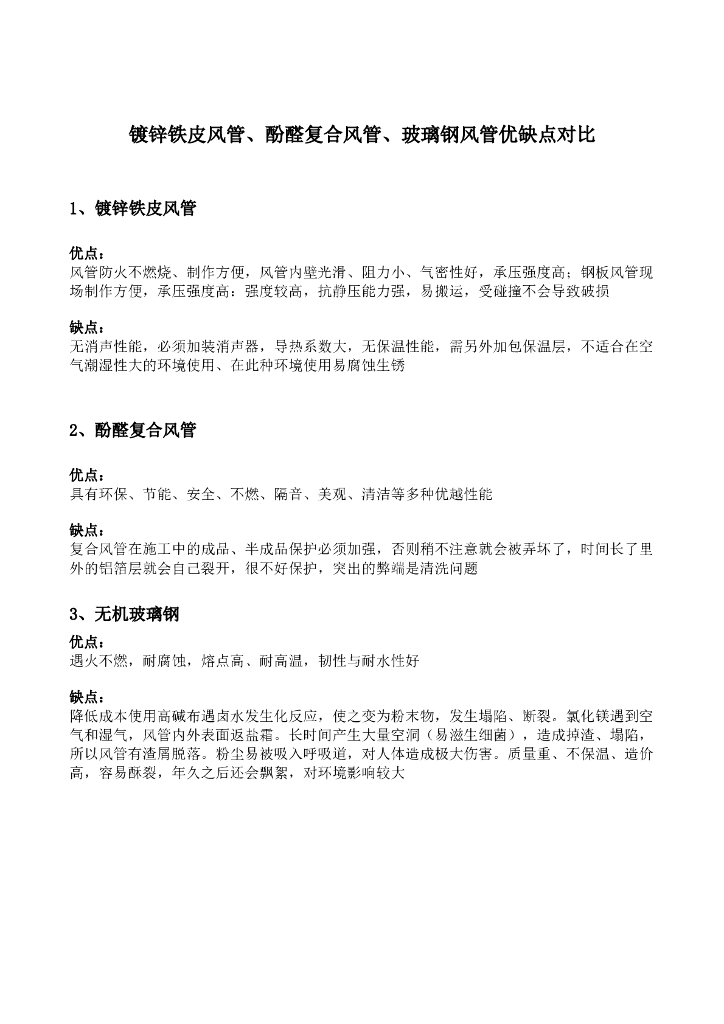 镀锌铁皮风管、酚醛复合风管、玻璃钢风管优