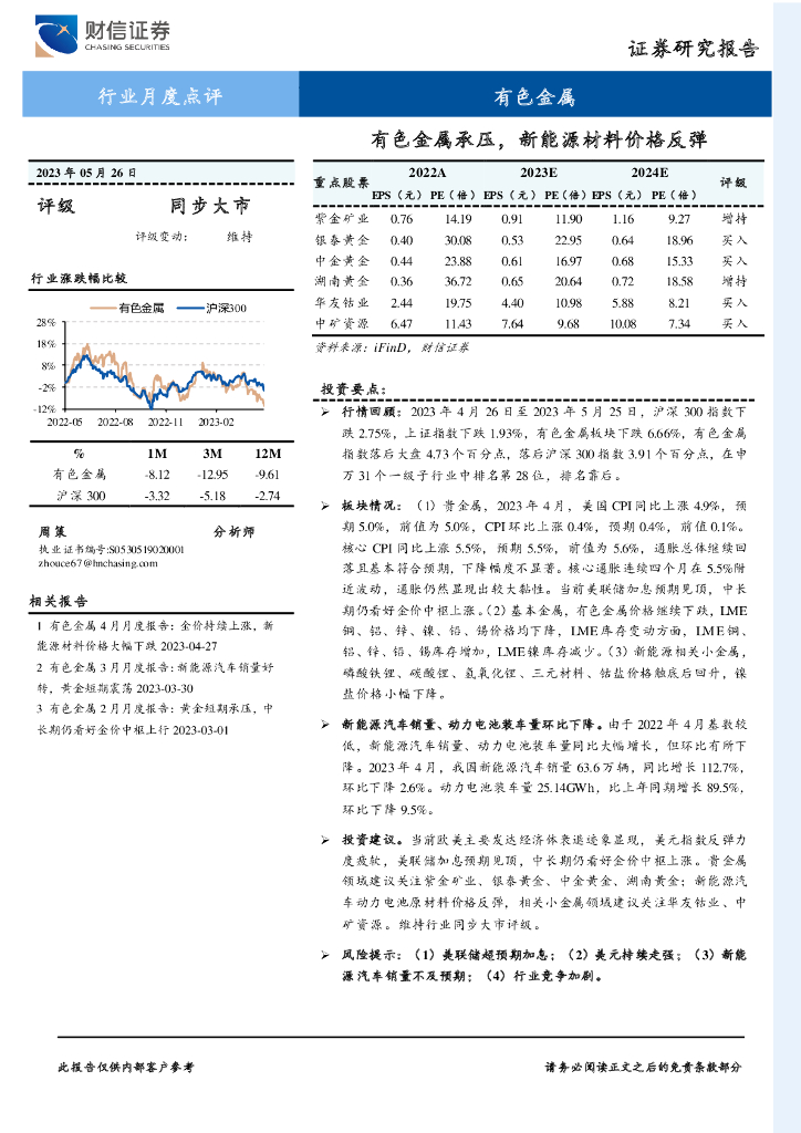 财信证券：有色金属行业月度点评：有色金属承压，新能源材料价格反弹