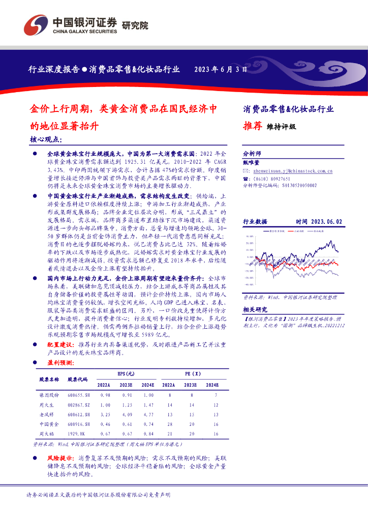 中国银河：消费品零售&化妆品行业行业深度报告：金价上行周期，类黄金消费品在国民经济中的地位显著抬升