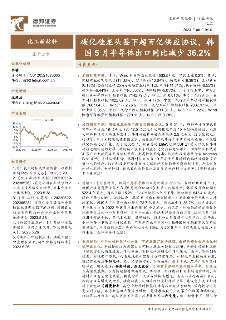 德邦证券：化工新材料行业周报：<em>碳</em>化硅龙头签下超百亿供应协议，韩国5月半导体出口同比减少36.2% 海报