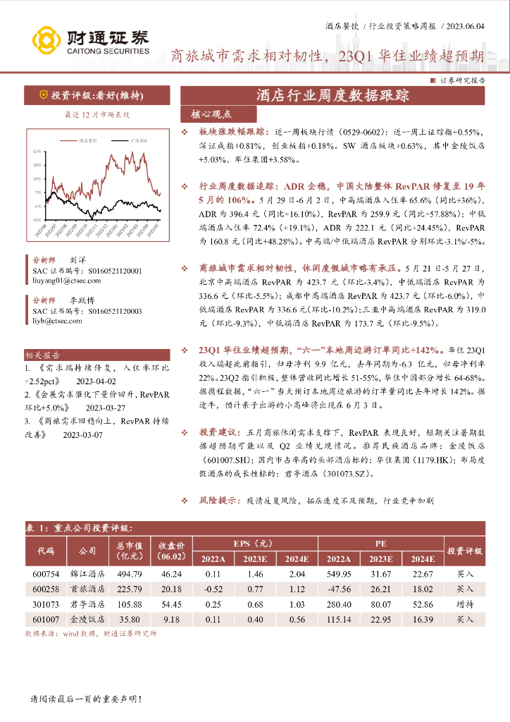 财通证券：酒店行业周度数据跟踪：商旅城市需求相对韧性，23Q1华住业绩超预期