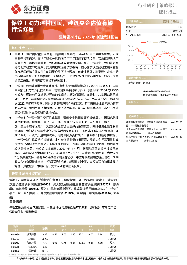 东方证券：建筑建材行业2023年中期策略报告：保竣工助力建材回暖，建筑央企估值有望持续修复