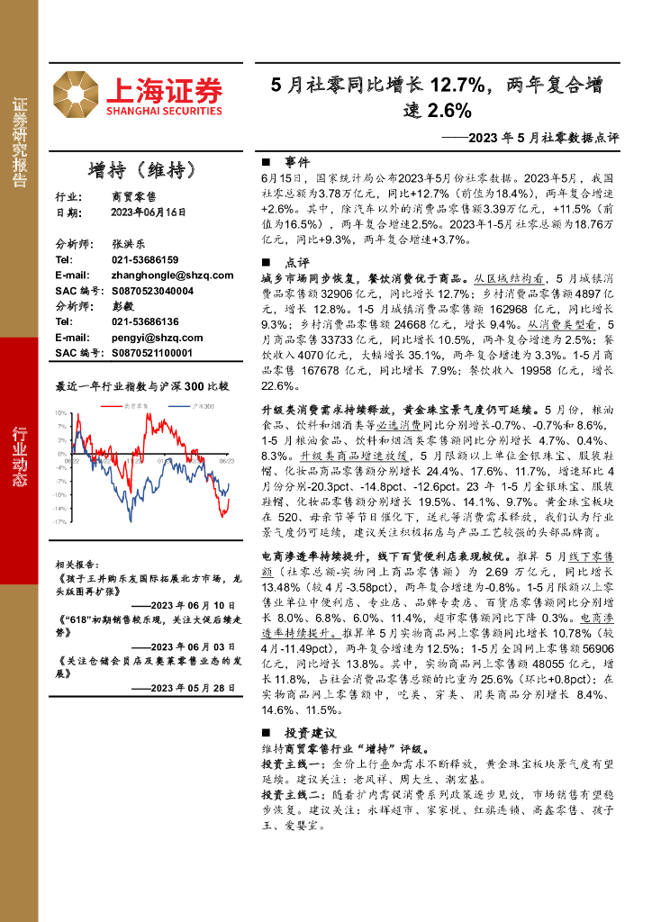 上海证券：商贸零售2023年5月社零数据点评：5月社零同比增长12.7%，两年复合增速2.6%