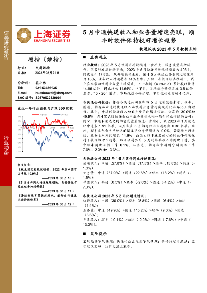 上海证券：<em>快递</em>板块2023年5月数据点评：5月申通<em>快递</em>收入和业务量增速亮眼，顺丰时效件保持较好增长趋势 海报