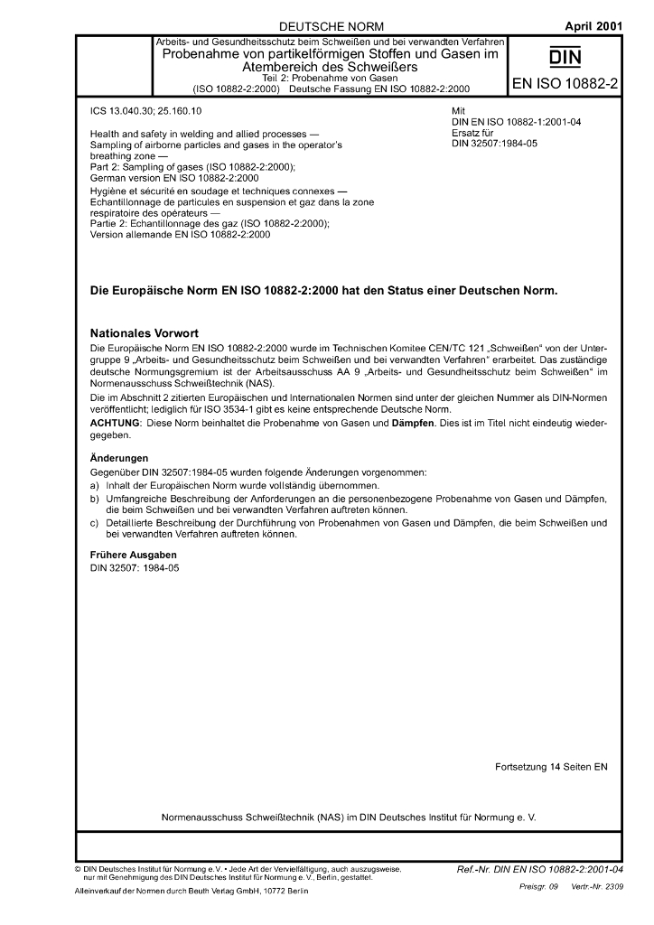 DIN EN ISO 10882-2-2000 焊接和相关工艺的卫生与安全 工作人员呼吸区域中空气中悬浮颗粒物及气体的取样 第2部分气体取样