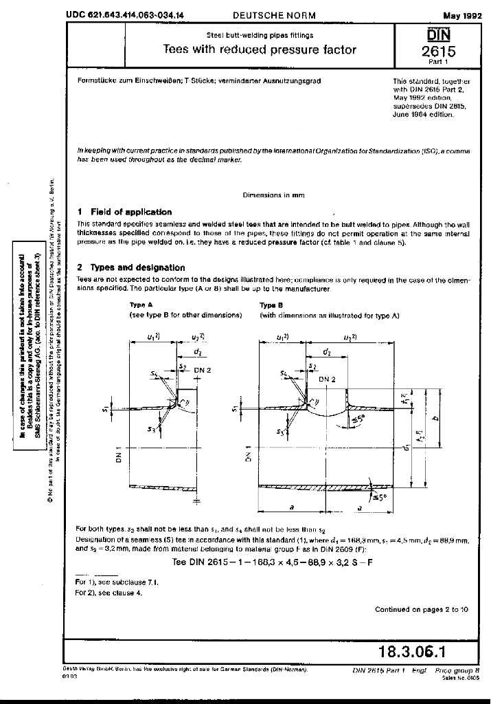 DIN 2615-1-1992 对焊钢制管件.带有换算压力系数的丁字管接