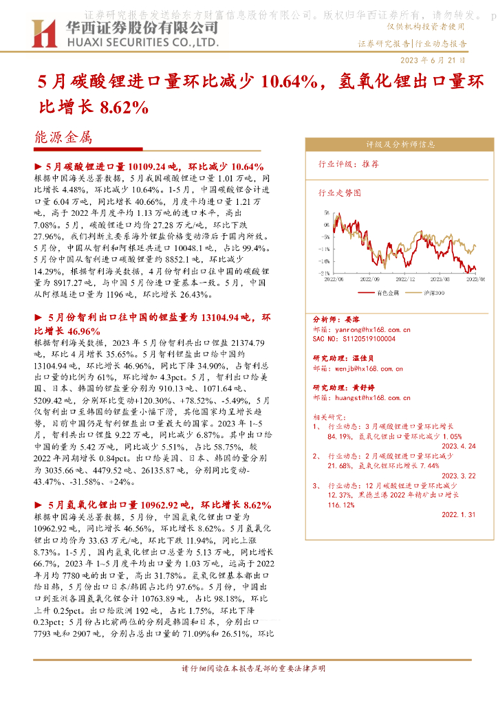 华西证券：能源金属：5月碳酸锂进口量环比减少10.64%，氢氧化锂出口量环比增长8.62%