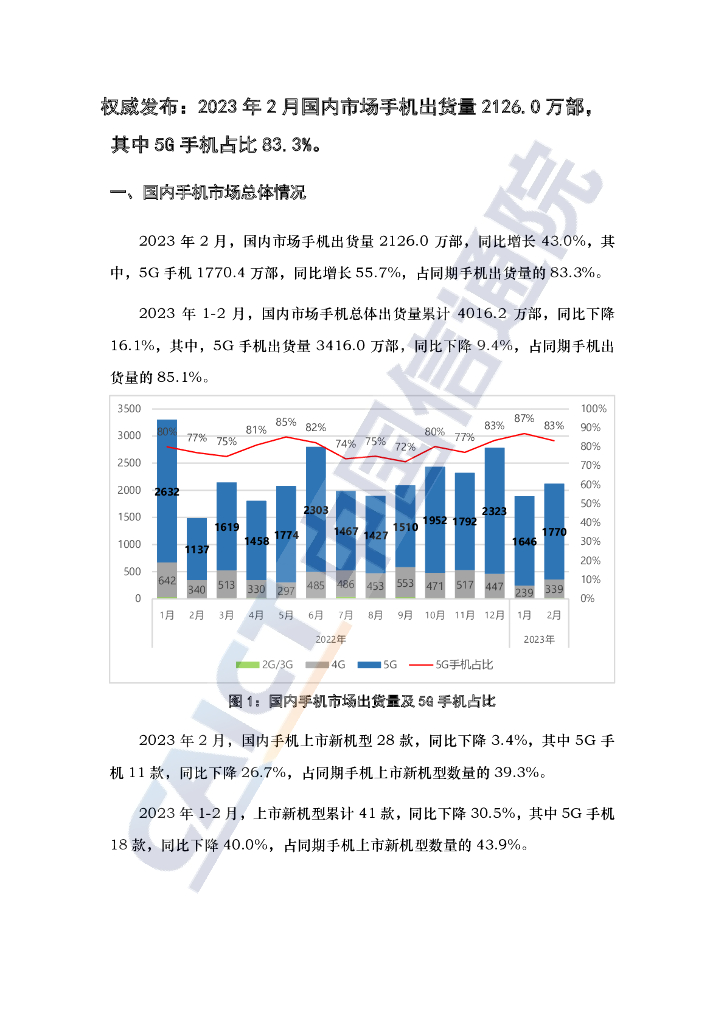 中国信通院：2023年2月国内手机市场运行分析报告