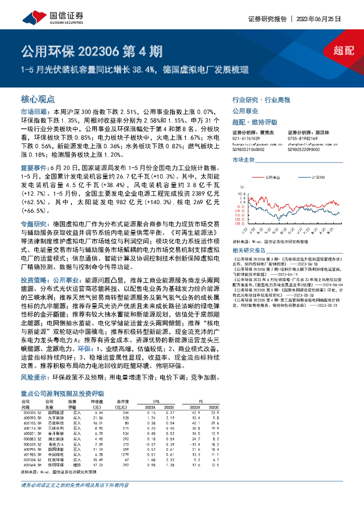 国信证券：公用环保202306第4期：1-5月光伏装机容量同比增长38.4%，德国虚拟电厂发展梳理