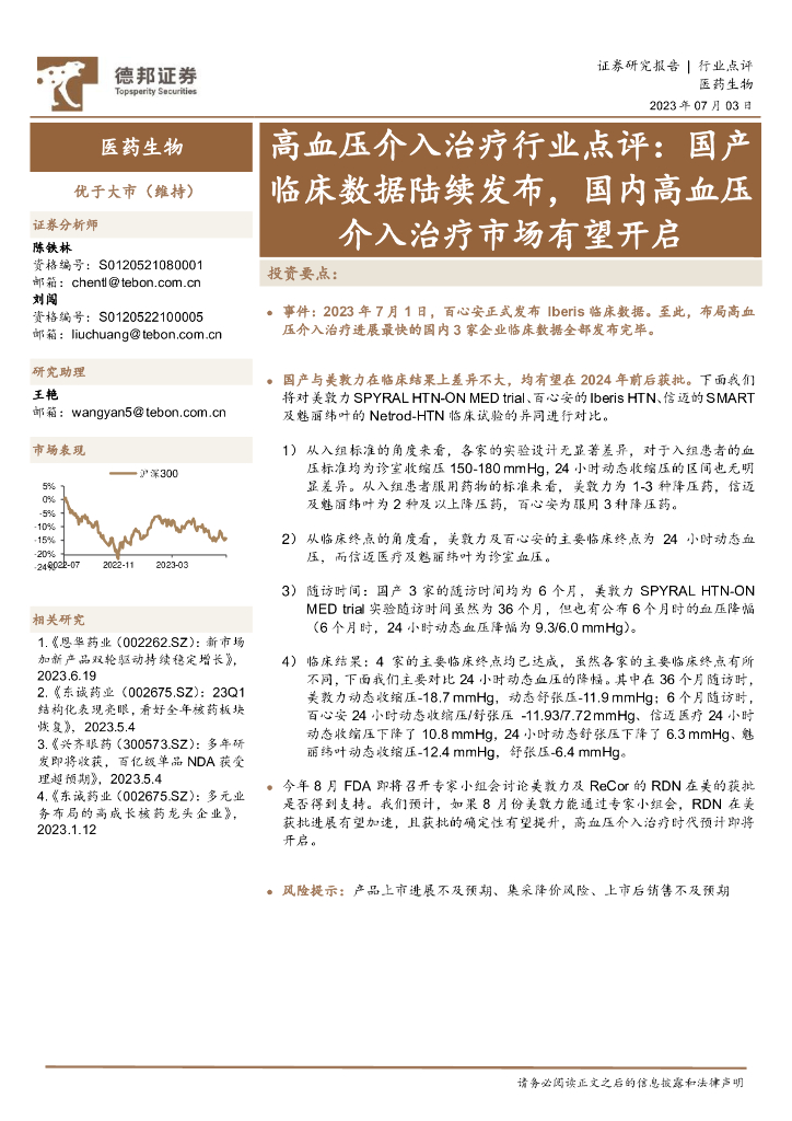 德邦证券：高血压介入治疗行业点评：国产临床数据陆续发布，国内高血压介入治疗市场有望开启