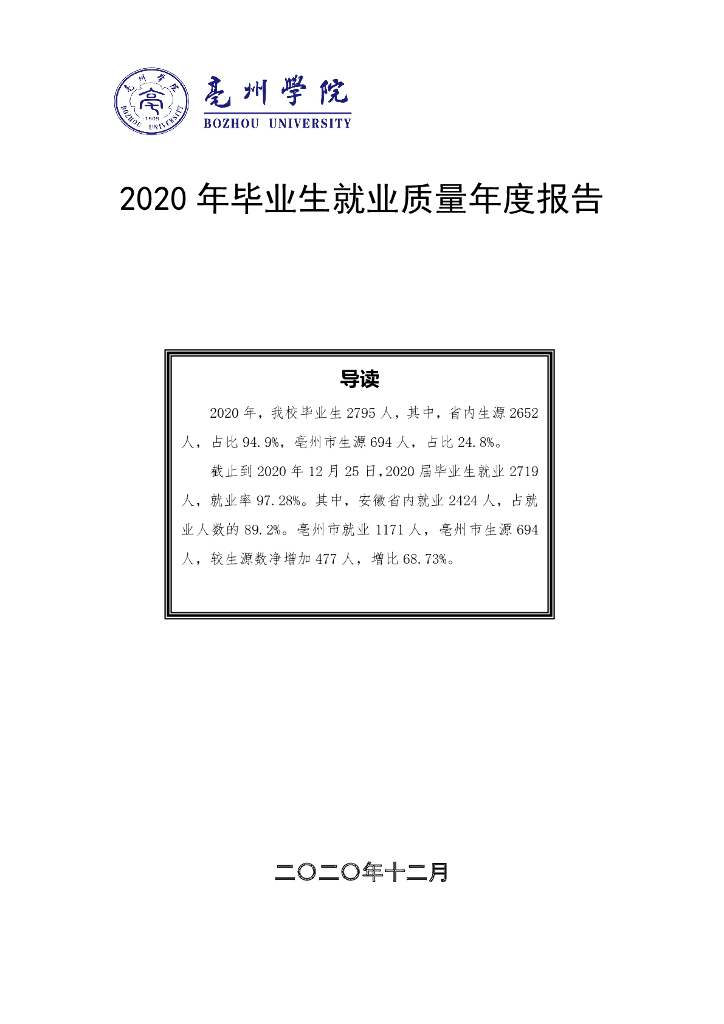 亳州学院2020年毕业生就业质量年度报告