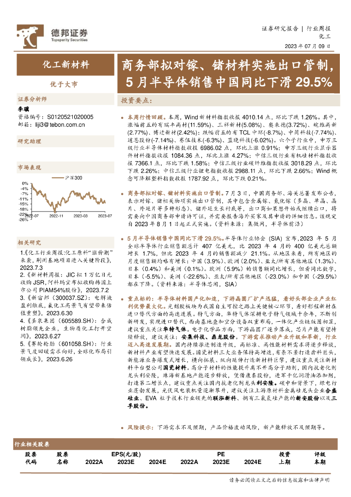 德邦证券：化工新材料行业周报：商务部拟对镓、锗材料实施出口管制，5月半导体销售中国同比下滑29.5% 海报