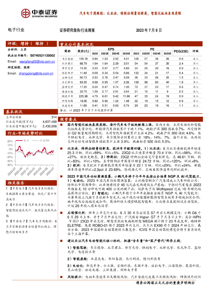 中泰证券：汽车电子周跟踪：比亚迪、特斯拉销量创新高，智能化板块表现亮眼