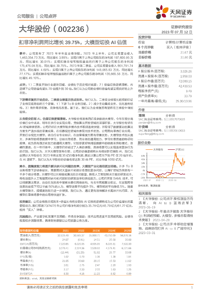天风证券：大华股份（002236）-扣非净利润同比增长39.75%，大模型切换AI估值