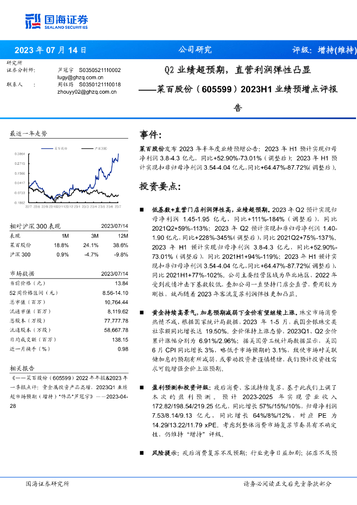 国海证券：菜百股份（605599）-2023H1业绩预增点评报告：Q2业绩超预期，直营利润弹性凸显