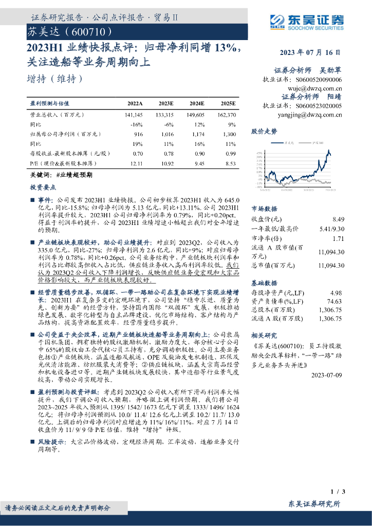 东吴证券：苏美达（600710）-2023H1业绩快报点评：归母净利同增13%，关注造船等业务周期向上 海报
