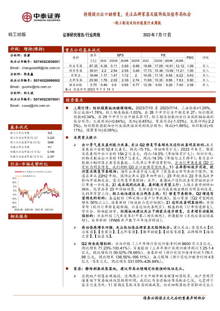 中泰证券：轻工制造及纺织服装行业周报：持续提示出口链修复，关注品牌家居及服饰低估值布局机会