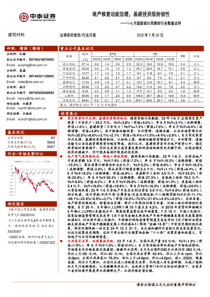 中泰证券：1-6月国家统计局建材行业数据点评：地产修复动能放缓，基建投资维持韧性