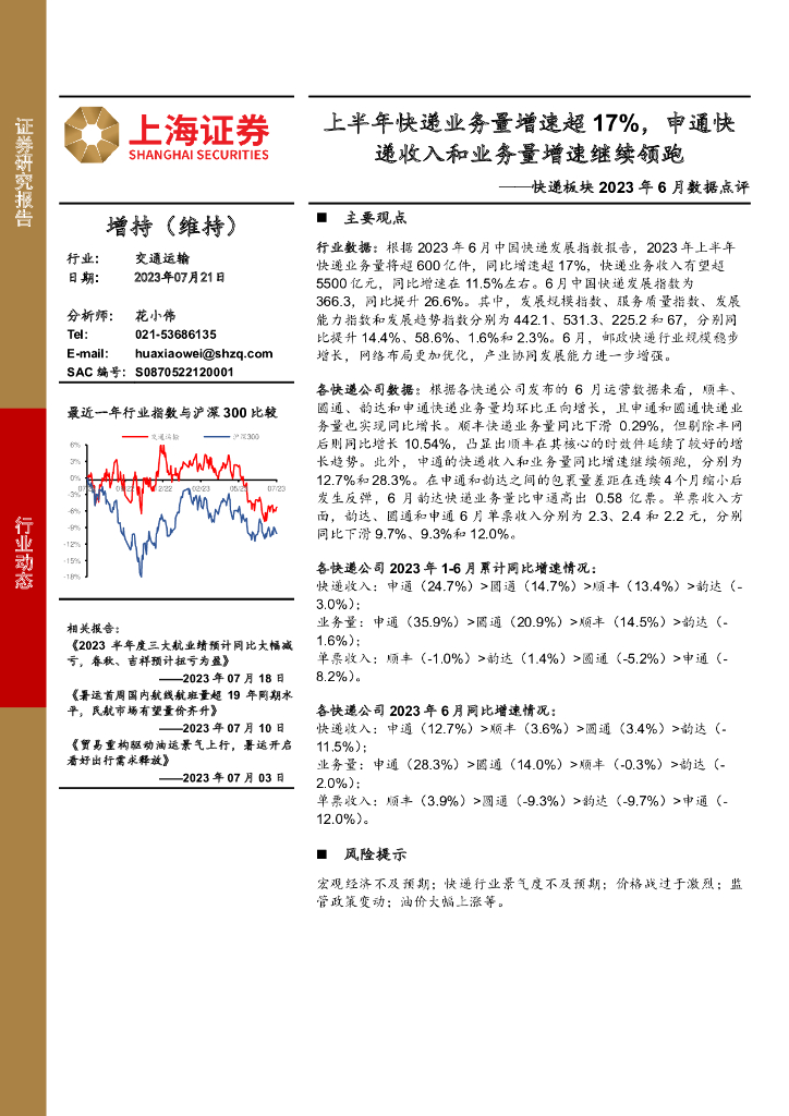 上海证券：<em>快递</em>板块2023年6月数据点评：上半年<em>快递</em>业务量增速超17%，申通<em>快递</em>收入和业务量增速继续领跑