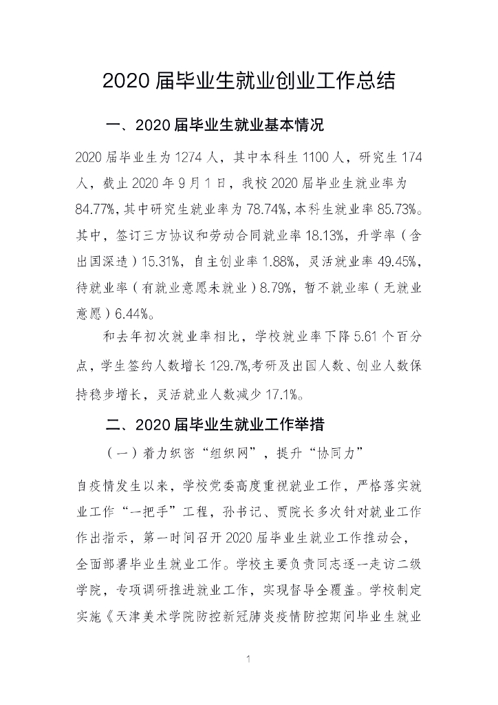 天津美术学院2020届毕业生就业创业工作总结
