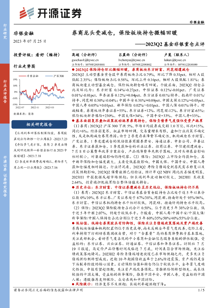 开源证券：非银金融行业2023Q2基金非银重仓点评：<em>券商</em>龙头受减仓，保险板块持仓微幅回暖