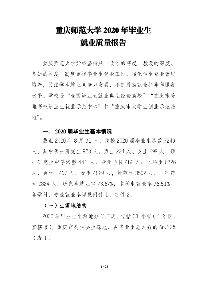 重庆师范大学2020年毕业生质量报告（定）