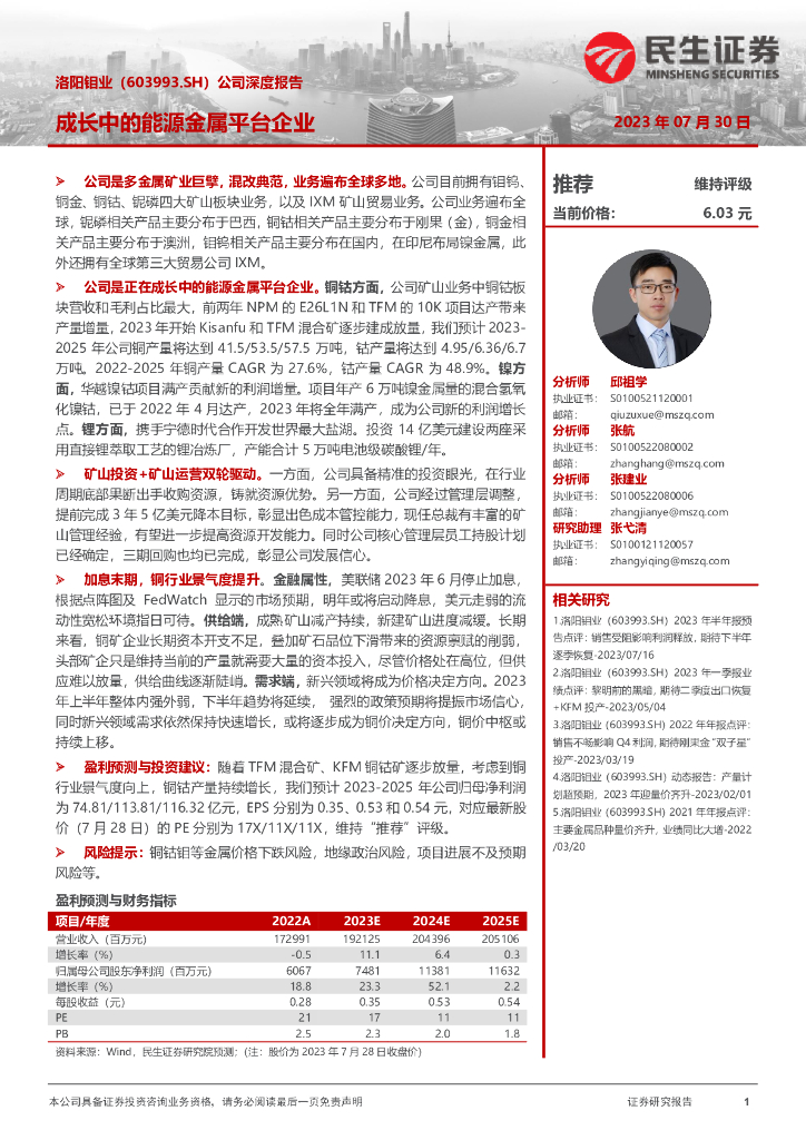 民生证券：洛阳钼业（603993）-公司深度报告：成长中的能源金属平台企业