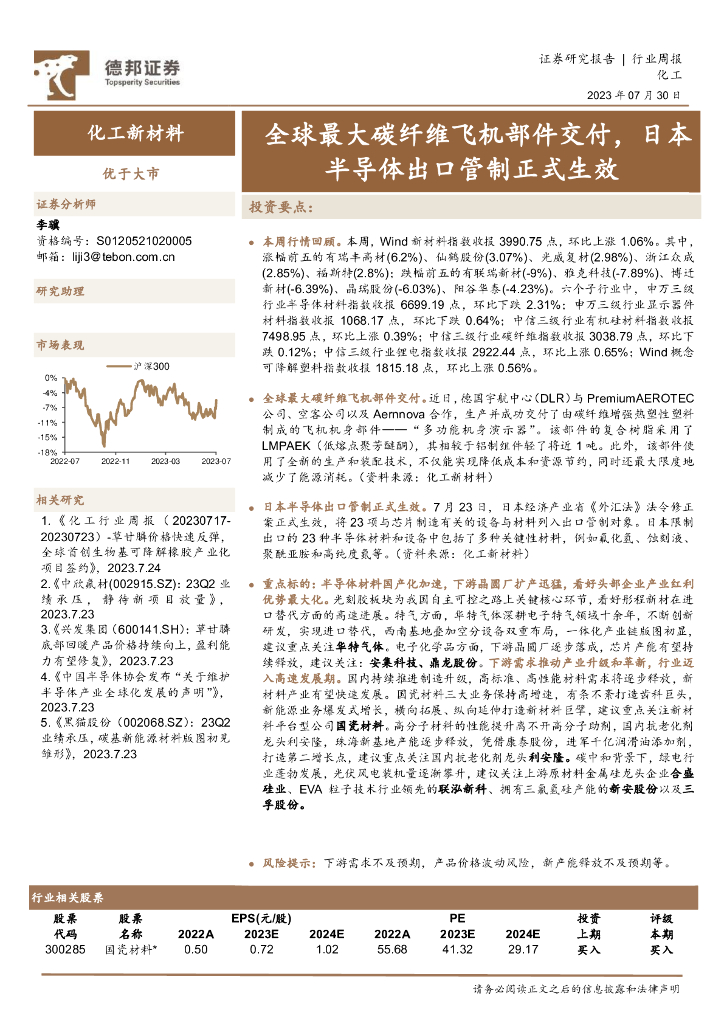 德邦证券：化工新材料行业周报：全球最大<em>碳</em>纤维飞机部件交付，日本半导体出口管制正式生效 海报