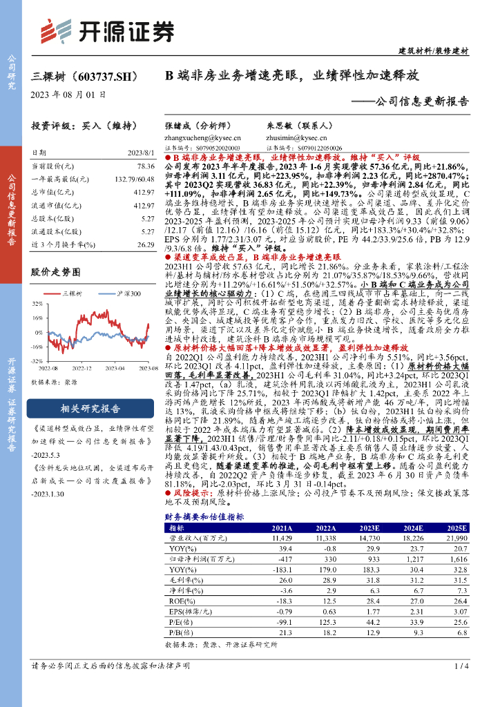 开源证券：三棵树（603737）-公司信息更新报告：B端非房业务增速亮眼，业绩弹性加速释放