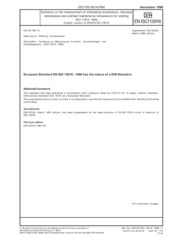 DIN EN ISO 13916-1996 焊接 预热温度、道间温度和预热维持温度测量的指南